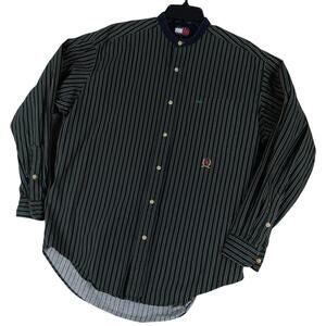Vtg Tommy Hilfiger Shirt Mens Small Green Striped Mandarin Collar Lion Crest